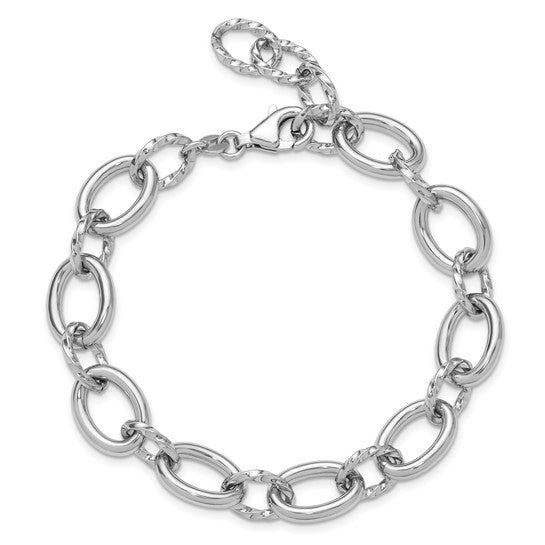 Leslie's Sterling Silver Rhodium-plated Fancy Link with 1in ext. Bracelet