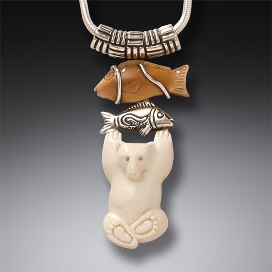 FOSSILIZED WALRUS AND MAMMOTH POLAR BEAR PENDANT, HANDMADE SILVER - BEAR WITH FISH