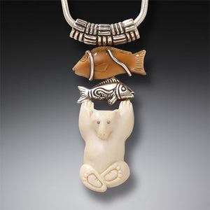 FOSSILIZED WALRUS AND MAMMOTH POLAR BEAR PENDANT, HANDMADE SILVER - BEAR WITH FISH