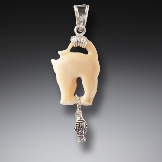 Ancient Mammoth Ivory and Silver Cat Pendant - Cat's Meow