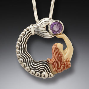 Fossilized mammoth ivory mermaid pendant with amethyst