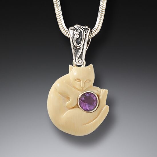 Fossilized mammoth ivory cat pendant with amethyst - Cozy Cat