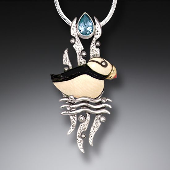 "Puffin" Ancient Fossilized Mammoth Tusk and Blue Topaz Silver Pendant