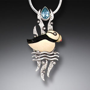 "Puffin" Ancient Fossilized Mammoth Tusk and Blue Topaz Silver Pendant