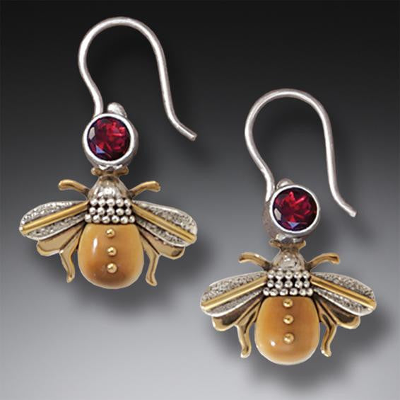 "Bees" Ancient Fossilized Walrus Tusk and Garnet Silver Earrings