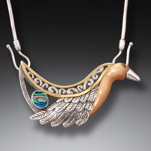 "Firebird" Ancient Fossilized Walrus Tusk Ivory, Paua, 14kt Gold Fill and Handmade Silver Necklace