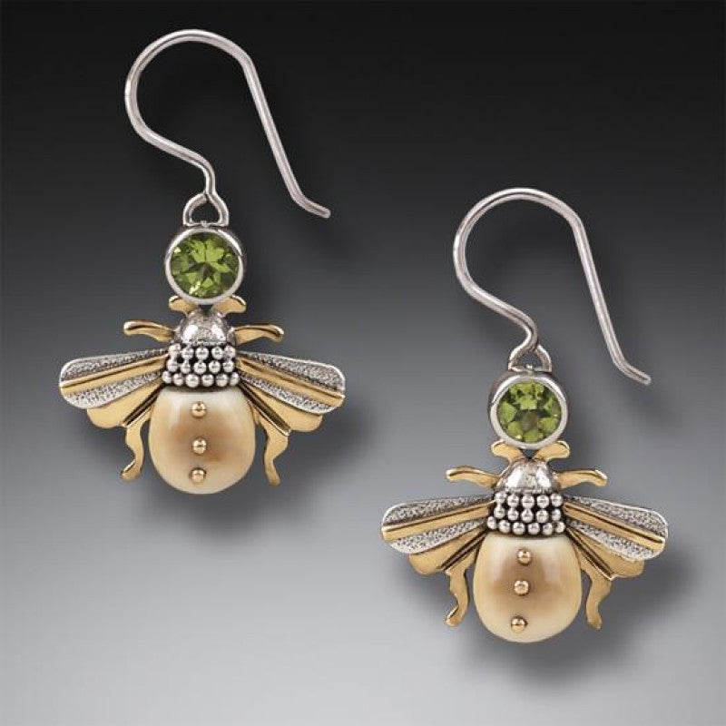 "Bees" Ancient Fossilized Walrus Tusk Ivory and Peridot Silver Earrings