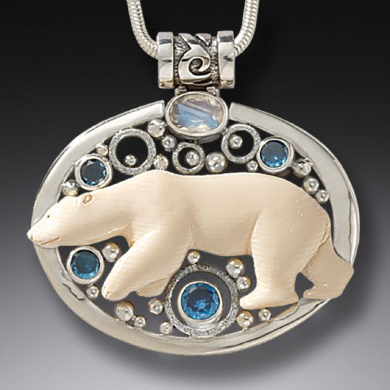 "Arctic Lights" Ancient Fossilized Mammoth Tusk, Blue Topaz and Rainbow Moonstone Silver Pendant