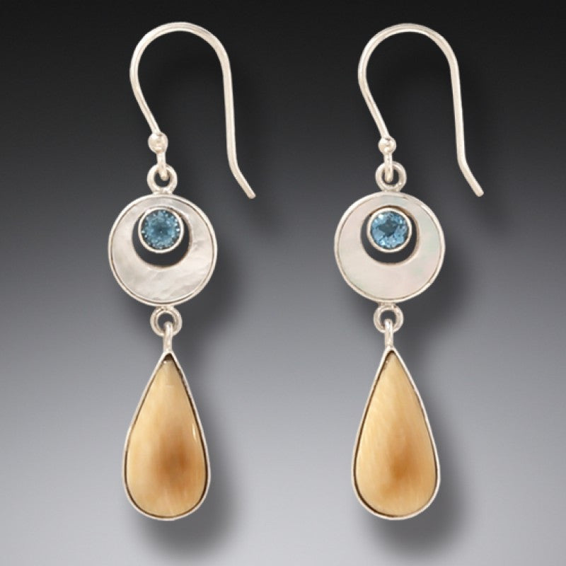 "Arctic Rain" Ancient Mammoth Tusk Ivory and Blue Topaz Silver Earrings