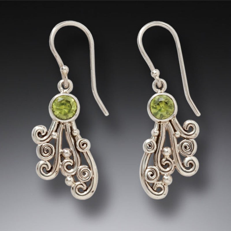 "Spray" Sterling Silver Earrings with Peridot Drop