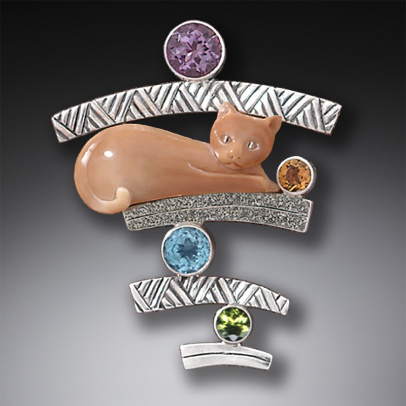 "Cat with Gems" Ancient Fossilized Walrus Tusk Ivory, Amethyst, Citrine, Blue Topaz and Peridot Sterling Silver Pin or Pendant