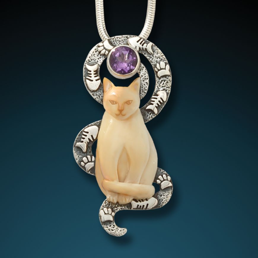 "CONTENTED CAT" SILVER, FOSSILIZED MAMMOTH TUSK AND AMETHYST CAT PENDANT