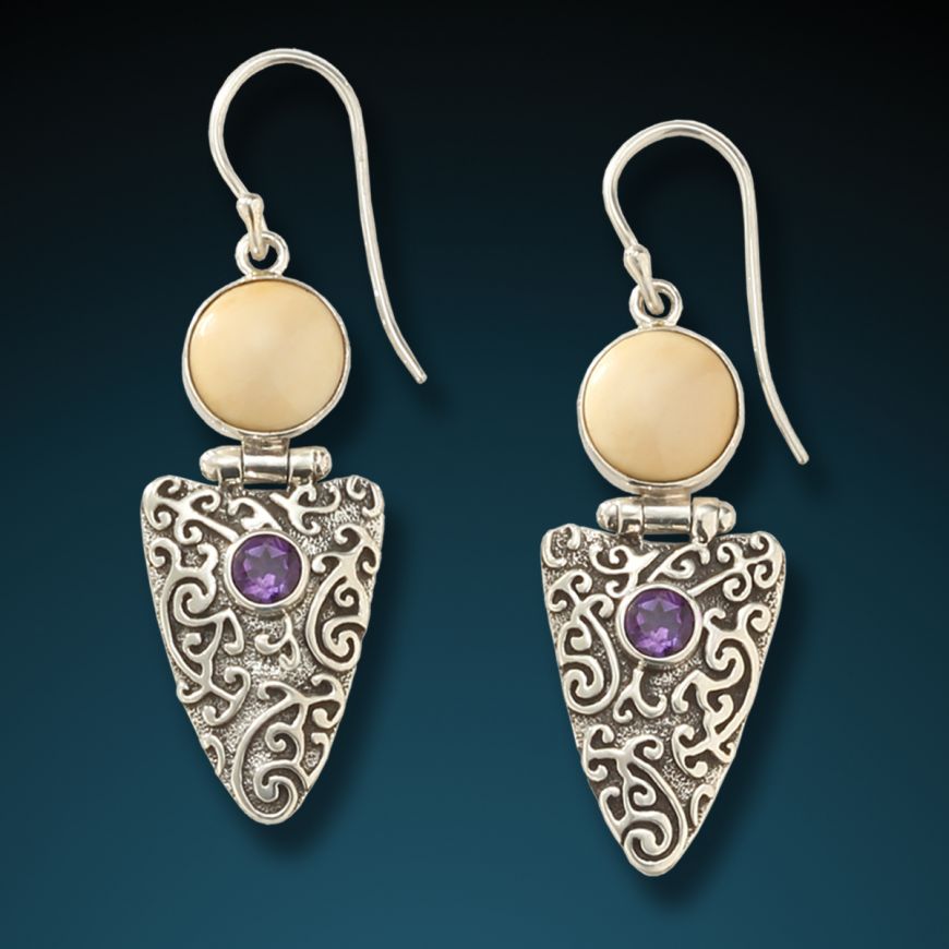 "AMETHYST ARROWHEAD EARRINGS" FOSSILIZED MAMMOTH IVORY AND AMETHYST