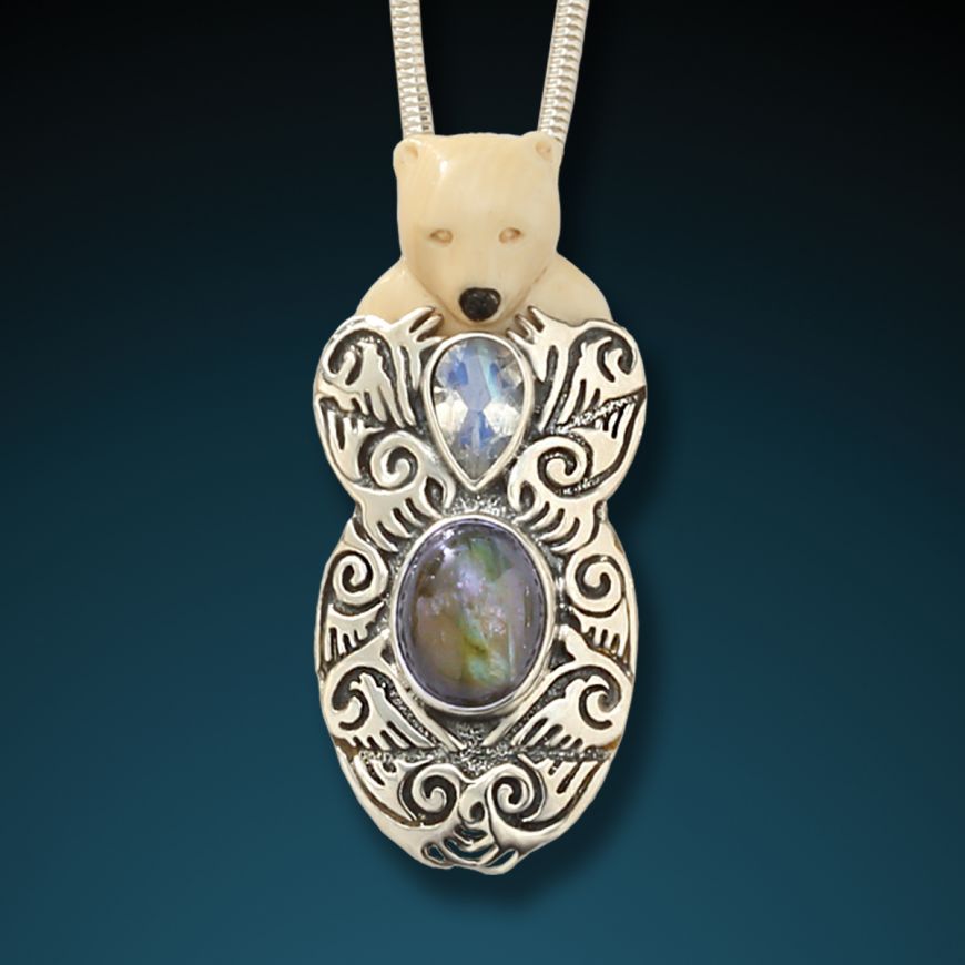 "BEAR HUG"  FOSSILIZED MAMMOTH TUSK, LABRADORITE, MOONSTONE BEAR PENDANT