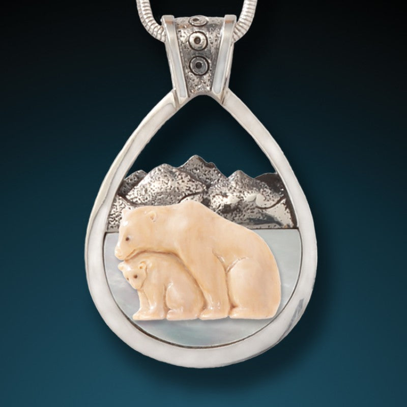 "Bear with Cub" Fossilized Walrus Tusk and Mother of Pearl Sterling Silver Pendant