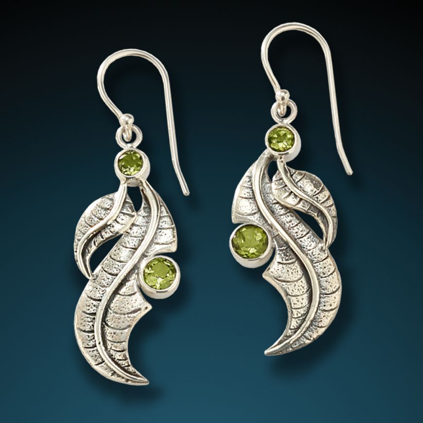 " PERIDOT LEAVES" SILVER AND PERIDOT LEAF EARRINGS