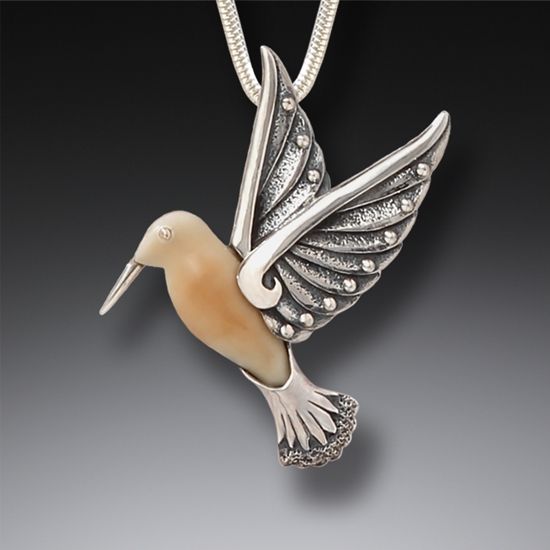 FOSSILIZED WALRUS IVORY AND SILVER PENDANT - HUMMINGBIRD II