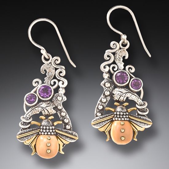 "Bee in the Garden" Ancient Fossilized Walrus Tusk Ivory and Amethyst Silver and 14kt Gold Fill Earrings