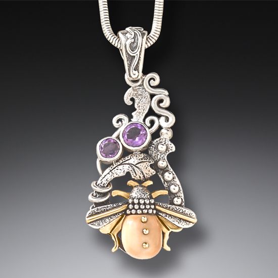 "Bee in the Garden" Fossilized Walrus Tusk Sterling Silver Amethyst Pendant