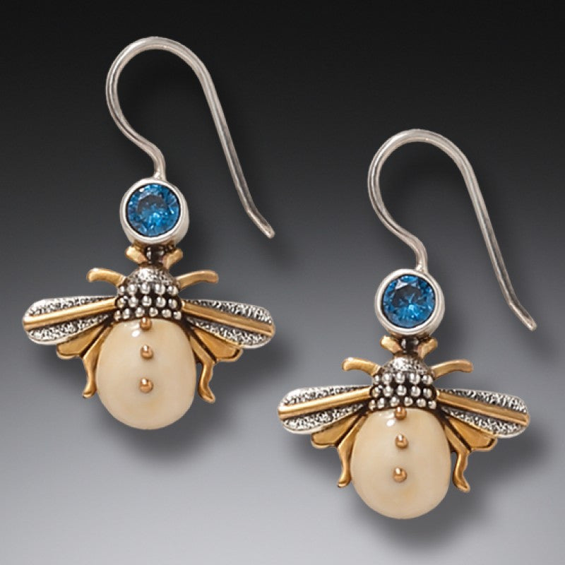 "Bees" Ancient Fossilized Walrus Tusk Ivory and Blue Topaz Silver Earrings