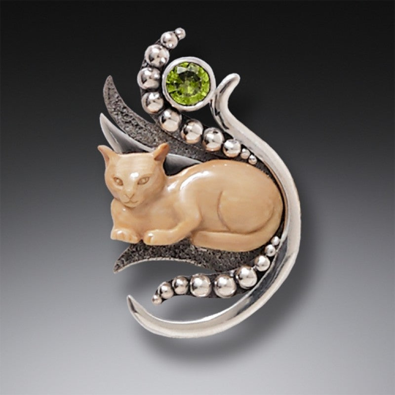 "Cat in the Grass" Ancient Fossilized Walrus Tusk Ivory, Peridot Silver Pin of Pendant