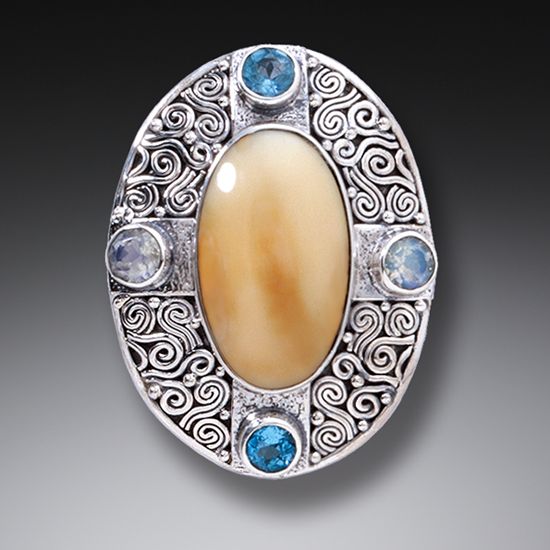 "Auric Dance" Fossilized Walrus Tusk Aura Pin/Pendant with Rainbow Moonstone and Blue Topaz