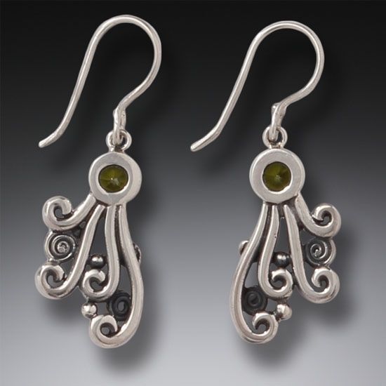 "Spray" Sterling Silver Earrings with Peridot Drop